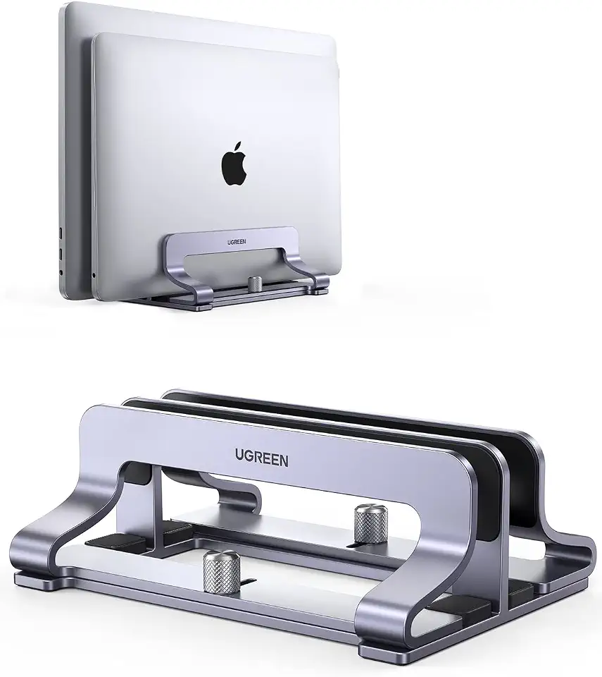 Ugreen Vertical Laptop Stand for Desk, Dual Slot Aluminum Holder, Adjustable Dock, Compatible with MacBook, Chromebook, up to 17.3 Inch, Grey