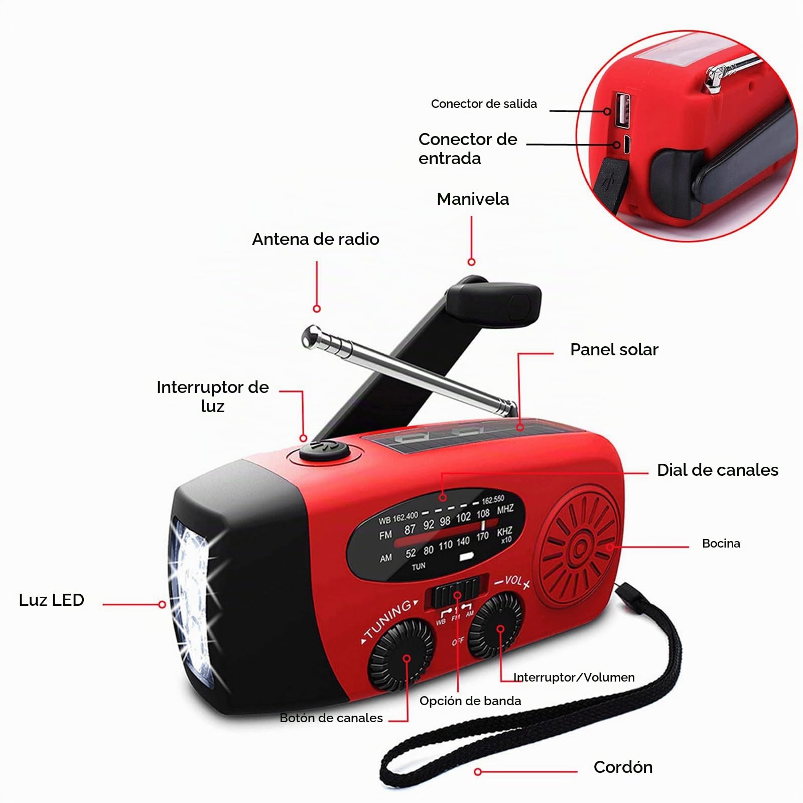 Radio solar portátil con meteorología AM/FM/NOAA, generador de manivela, 2000 mAh, cargador USB para teléfonos móviles, linterna LED, para emergencias, camping, pesca (rojo)