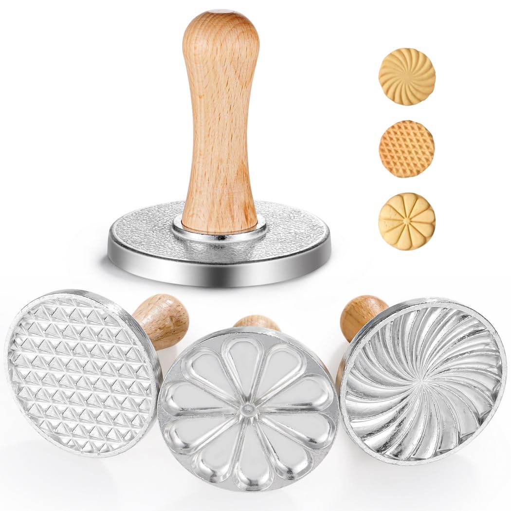 3 Stk. Metal Cookie Press Cutter mit Holzgriff, 3,1 Zoll Keksprägemuster aus Zinklegierung, Metal Cookie Embossers für DIY Backen, Cake und Pastry Dekoration, für Kuchen und Gebäck, 3 Muster