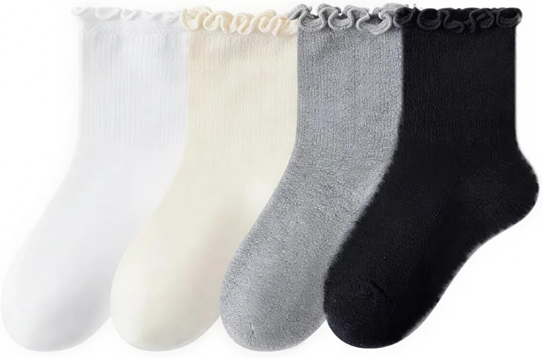 Toddler Girls Socks with Ruffle Solid Dress Socks Black White Cream Gray 4 Pairs 1-12 Years