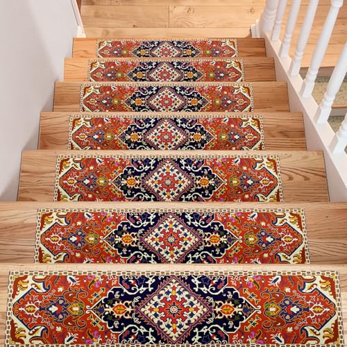 Lacut Non-Slip Stair Treads, 7.8" X 30" (7-Pack) Rubber Stair Runner Mat, Distressed Vintage Slip Resistant Stair Tread Mats Step Covers Pads for Elders Kids Pets (Orange-Red&Black-7 PCS, 30" x 7.8") by Lacut - Used condition - US$29.29