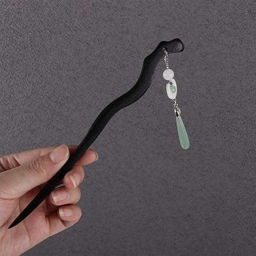 Miniatura 4 de Palillos de pelo de estilo chino Hanfu con borla de luna, horquilla de madera negra, pin de moño, palillos para el cabello para mujeres y niñas (B)