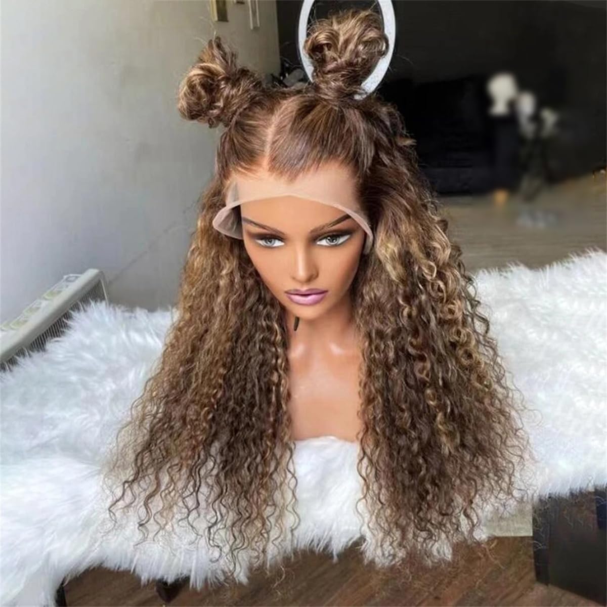 Kelsiop Brown Curly Lace Front Human Hair Wig Blonde Highlights 13X6 HD Lace Front Wig Glue Free 13X4 Women's Wig