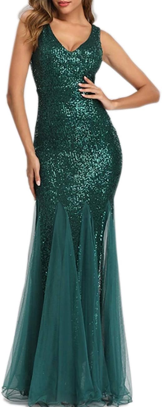 Womens Party Dress Sequins Tulle Sexy V-Neck Long Dress Sleeveless Formal Evening Prom Gowns