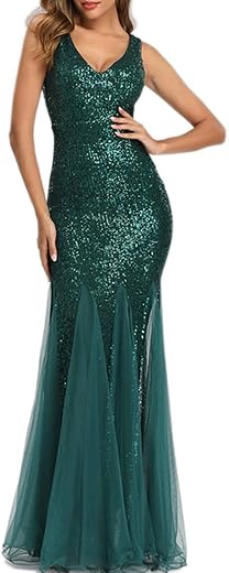 Womens Party Dress Sequins Tulle Sexy V-Neck Long Dress Sleeveless Formal Evening Prom Gowns