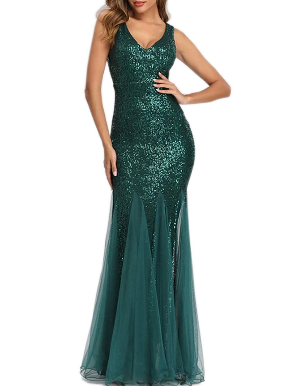 Womens Party Dress Sequins Tulle Sexy V-Neck Long Dress Sleeveless Formal Evening Prom Gowns - Review, Price and Buying Guide