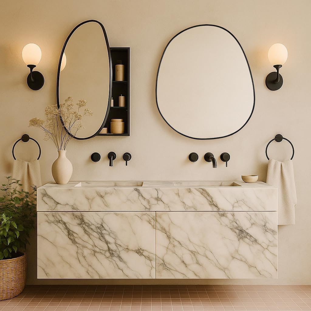 TEHOME Surface Mount Black Bathroom Medicine Cabinet with Mirror, Wall Mounted Irregular Asymmetrical Bathroom Medicine Cabinet