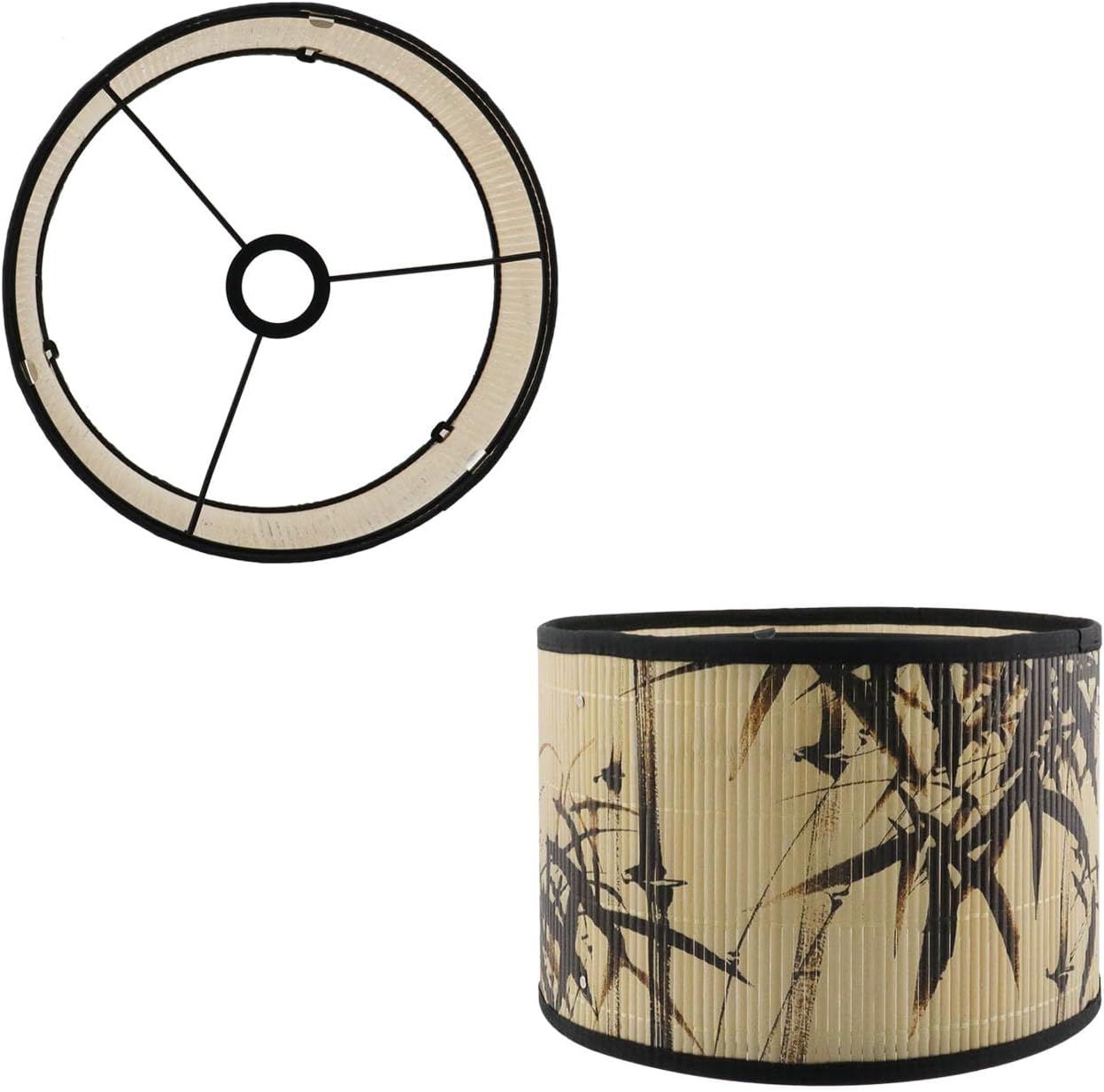 Crapyt E27 Round Removable Lamp Shades, 11.8" × 11.8" × 7.87" Wood Lampshade with Plant and Bird Print, Ink-wash Painting Pattern for Table/ Floor/ Ceiling/ Wall Lamp，Pattern 3