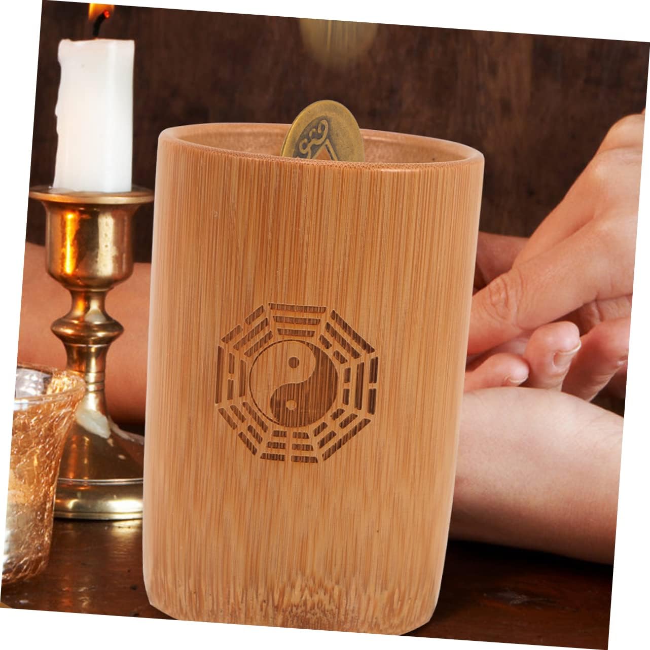 Yardwe Traditional Chinese Fortune Telling Game Divination Prop Bamboo Bucket and Coins