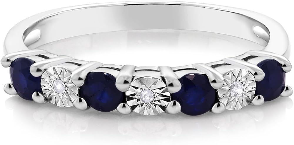 Gem Stone King 925 Sterling Silver Round Sapphire and White Diamond Women's Engagement Ring (Available 5,6,7,8,9) | 