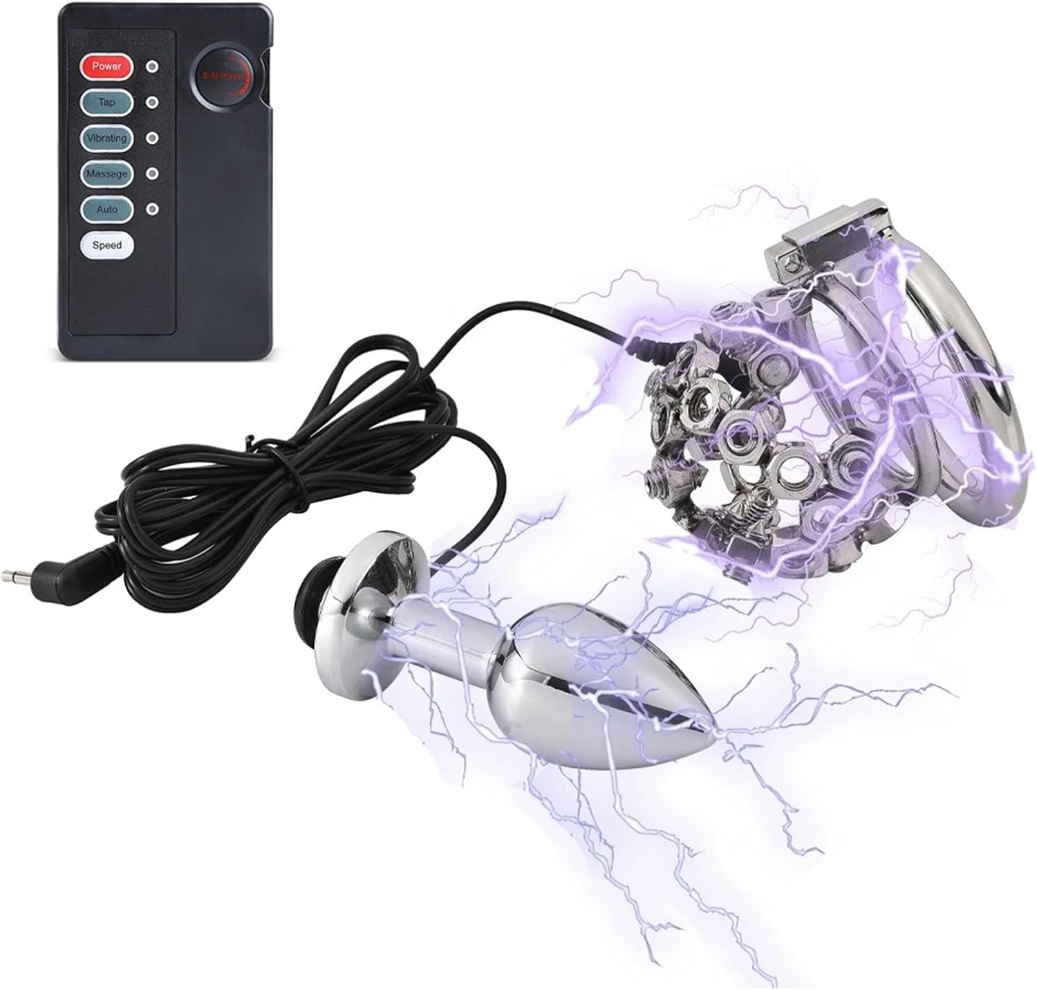 Male Masturbation Sex Toy Metal Screw Bump Chastity Cage Electric Shock Bullet Anal Plug Chastity Lock Set with Key Sm Bondage Adult Sex Toy