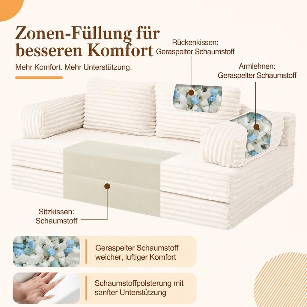 MeMoreCool Schlafsofa Cord, Klappbares Bequemes Bodensofa mit schlaffunktion, Boneless Couch mit Kissen für Schlafzimmer, Wohnzimmer und kleine Räume, 3-in-1 Compressed Sofa Bed, Beige