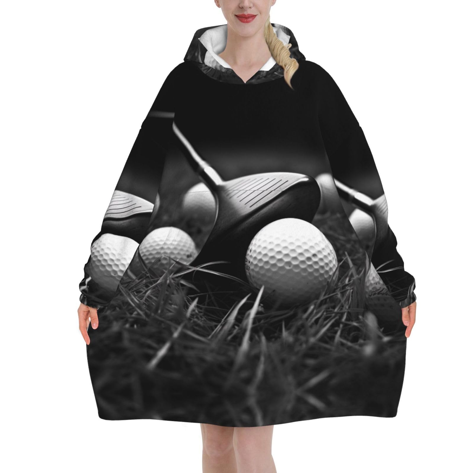 Esnaiuvcd Women's Black And White Golf Print Oversized Blanket Hoodie - Flannel Wearable Blanket For Unisex Adult Men, Fluffy Comfortable Hooded Sweatshirt