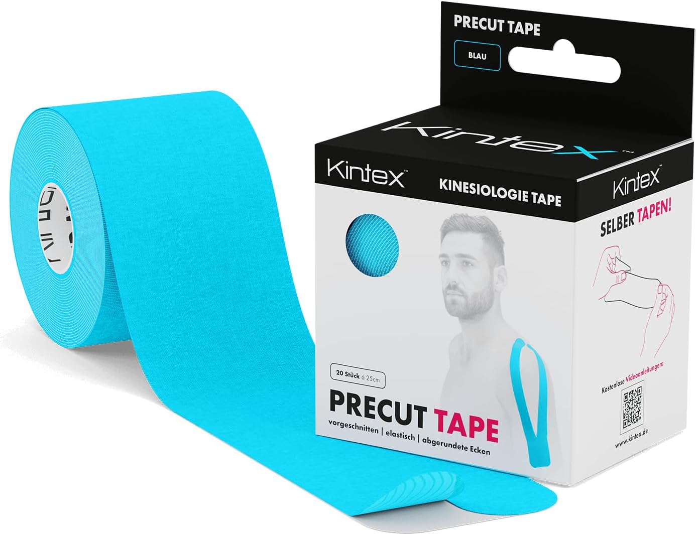 German PreCut Kinesiology Sports Tape - Muscle Support and Recovery, Waterproof, Breathable 20 Strips (25 cm x 5 cm) per Roll