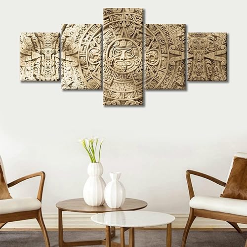 Miniatura 9 de TUMOVO Lienzo de piedra azteca con sol para sala de estar, pintura abstracta moderna negra y roja, imagen maya para dormitorio, 5 paneles,