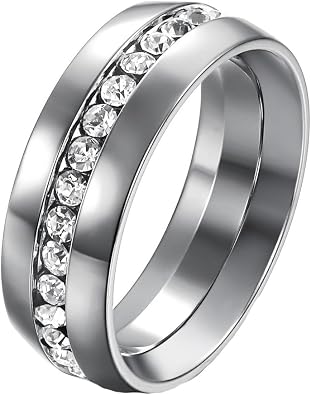 PAMTIER Mens Stainless Steel Plain Silver Ring with Cubic Zirconia
