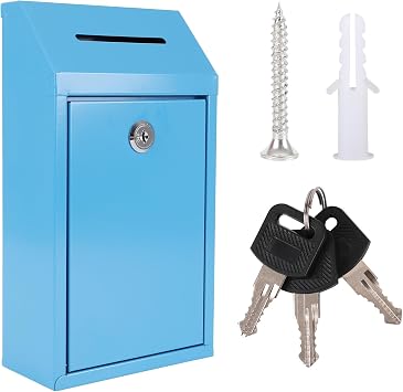Metal Donation Box with Lock Ballot Box Drop Box with Lock Suggestion Box with Slot and Locks Metal Locks Box Comment Box Voting Box Key Drop Box for Home OfficeBlue,10.24 x 5.71 x 2.95 Inch