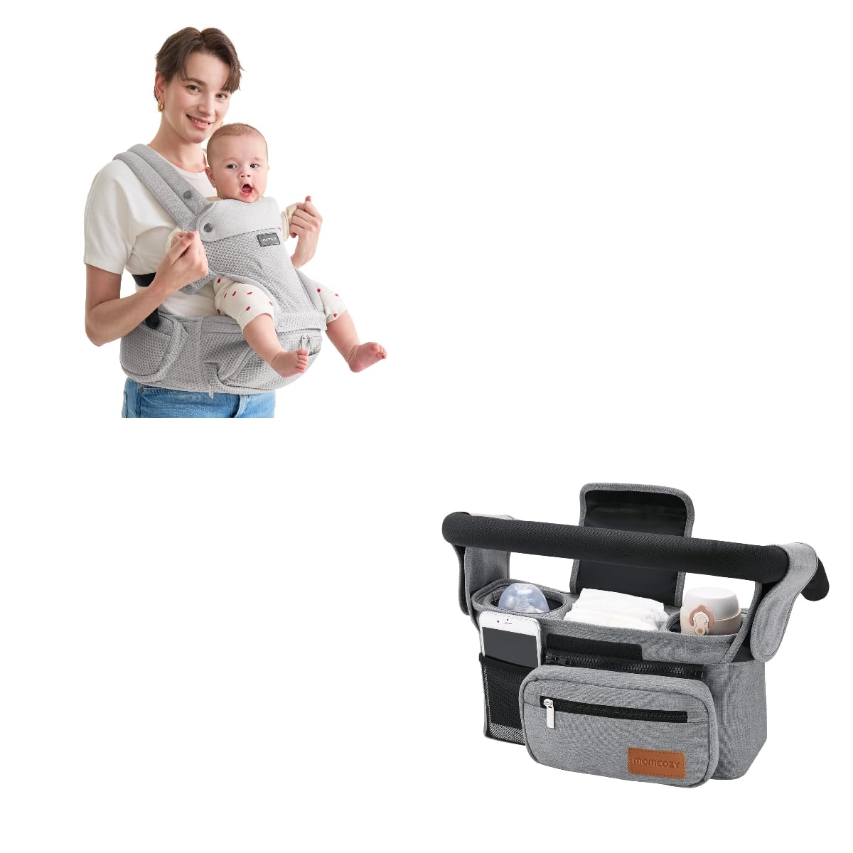 Momcozy Universal Stroller Organizer Baby Carrier with Hip Seat, Grey