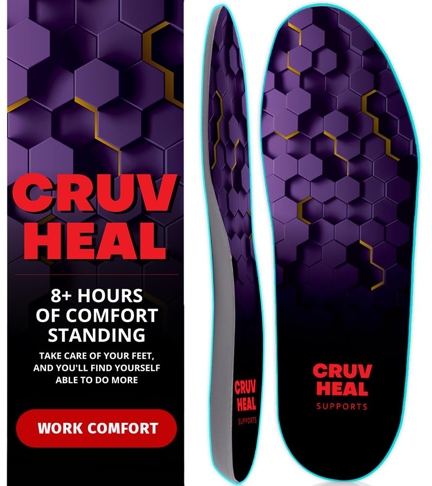 CRUVHEAL Work Comfort Orthotic Insoles - Anti Fatigue Shoe Insert Men Women - Low Arch Support - Shock Absorption - Foot Pain Relief - Work Boot