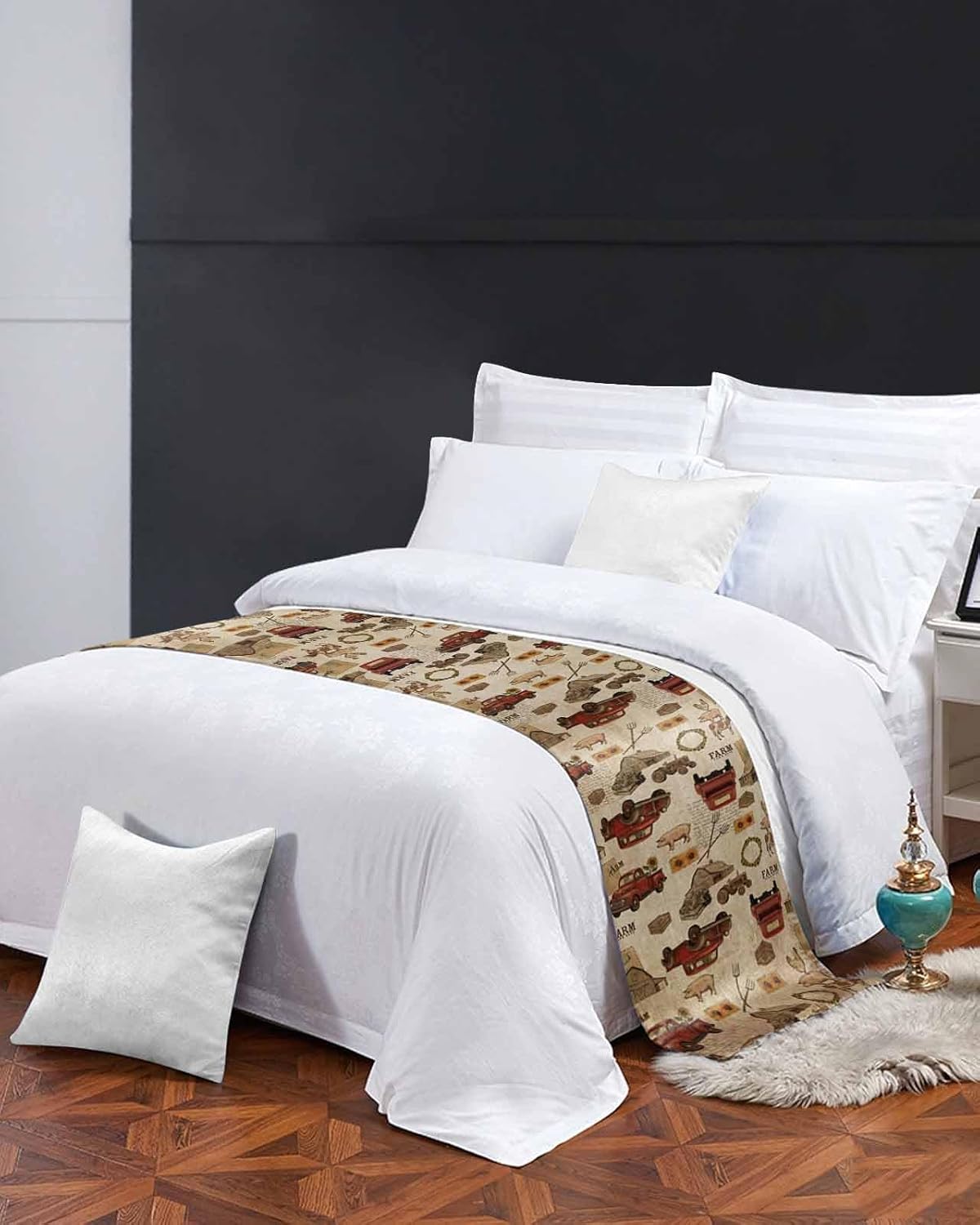 Smile Sunflower Bed Runner Scarf Farmhouse Truck Cow Rooster Bedding Scarf Decorative Bed Runners Cover for Home Bedroom Hotel Wedding Room Bed Scarf for Foot of Bed King 102x20in