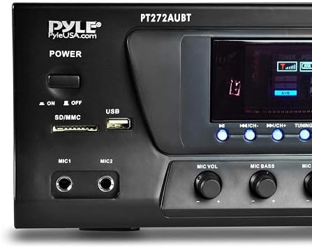 Pyle Home Stereo Amplifier with Bluetooth - 300 Watt Max 4 Channel Stereo Receiver with Easy Karaoke - Dual Mic In with EQ and Echo, USB-A and SD Card In, RCA In, RCA Out, LED Display - PT272AUBT