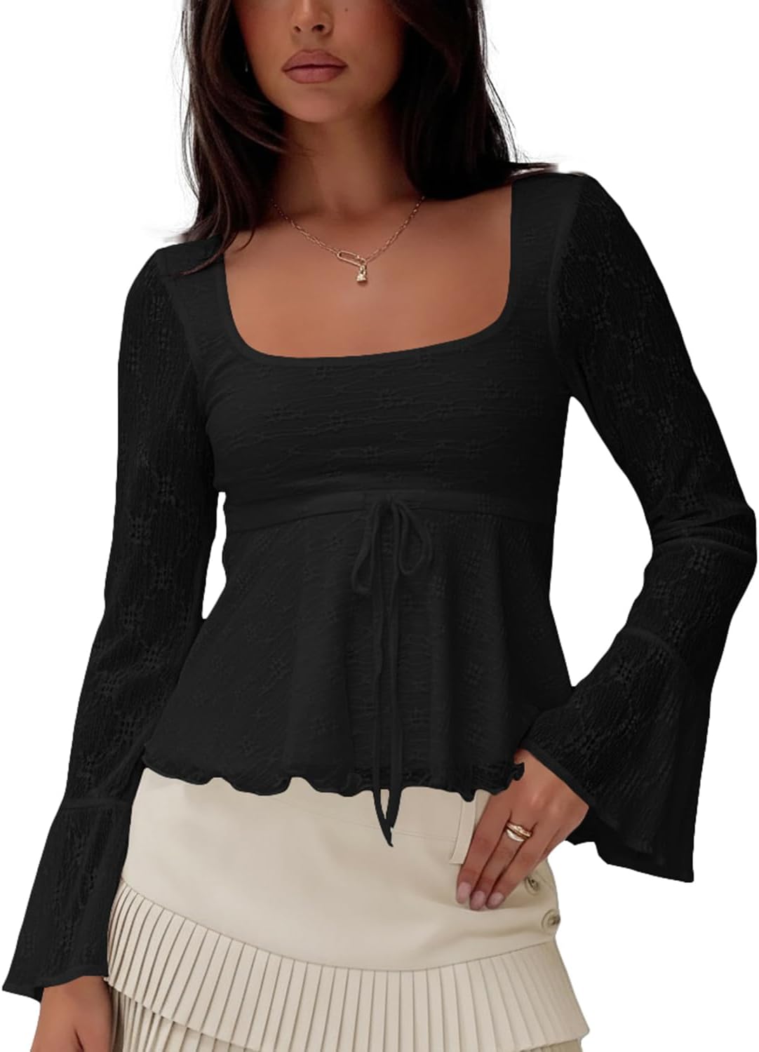 Cioatin Women Y2K Flowy Peplum Babydoll Tops Fall Outfits Long Sleeve Square Neck Sheer Floral Lace Ruffle Crop Tshirt Blouse