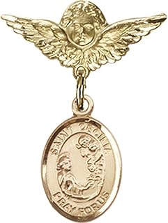 Gold Filled Baby Badge with St. Cecilia Charm and Angel w/Wings Badge Pin 1 X 3/4 inches