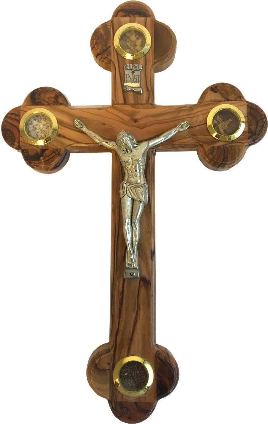 Holy Land Market Olive Wood Cross Crucifix - 14 Station, 4 Lens, Bethlehem Crafted, 10.5 in