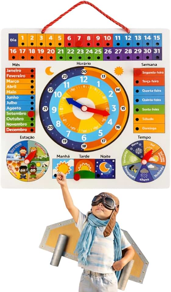 Calendário Infantil Educativo em Madeira Montessori para Aprender Horas, Dias e Clima Quadro Pedagógico Interativo