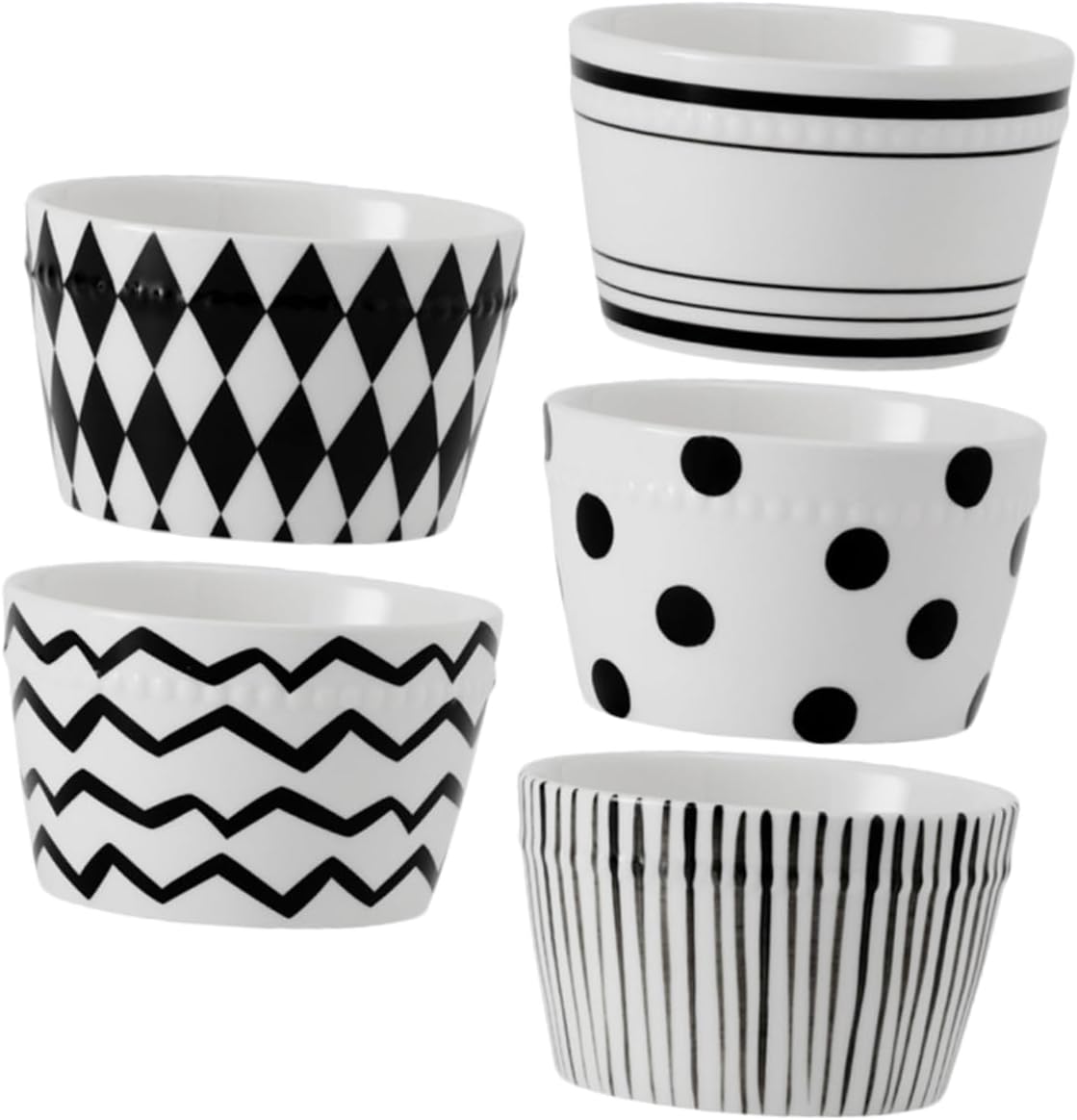 PRETYZOOM 5-Piece Set 330ml Black and White Ceramic Rice Bowls Stylish Soup and Dessert Bowls Dishwasher and Microwave Safe for Home Use