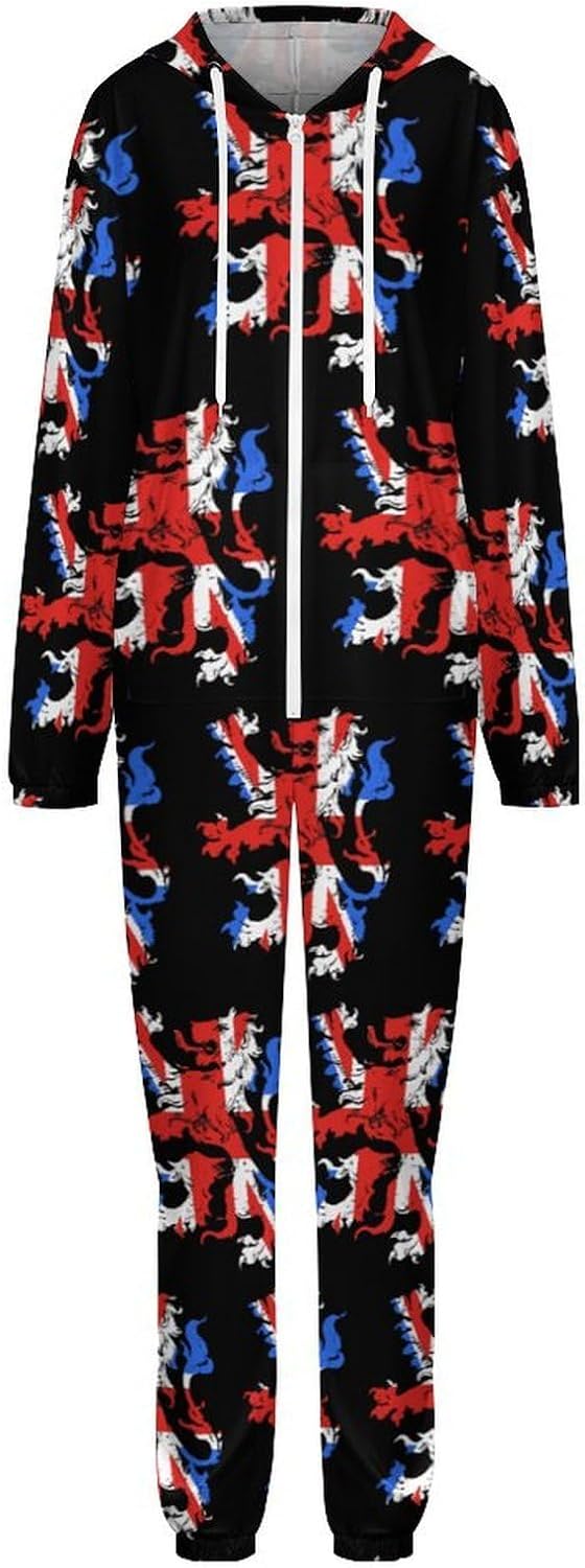 England British Lion Adult Pajamas Onesie with Hood Pocket Jumpsuits One Piece Sleepwear