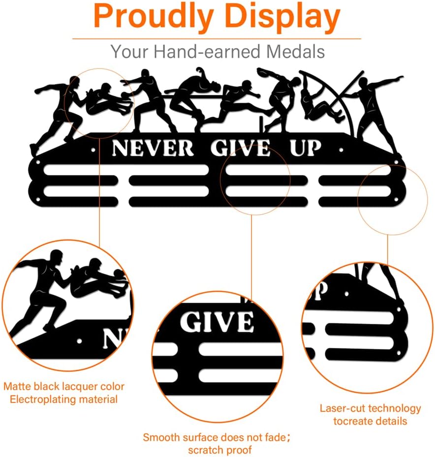 SUPERDANT Track and Field Medal Hanger Display Decathlon Male Sports Medal Display Rack Never Give Up Wall Mount Ribbon Display Holder Rack Iron Hooks for 40+ Awards Sports Wall Hanging Athlete Gift