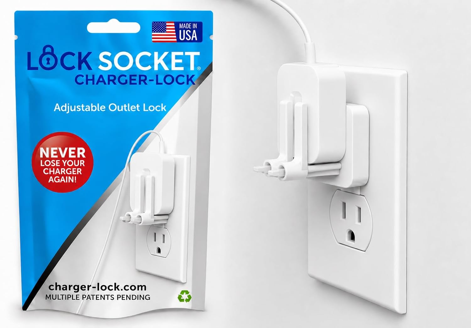 Adjustable Outlet Lock Straight | Secures Larger Flat Plugs to the Outlet Theft | Child-Safe Plug Lock | Secures 2 or 3 Pronged Plug & Adaptors | Includes Security Screw & Allen Wrench | Made in USA