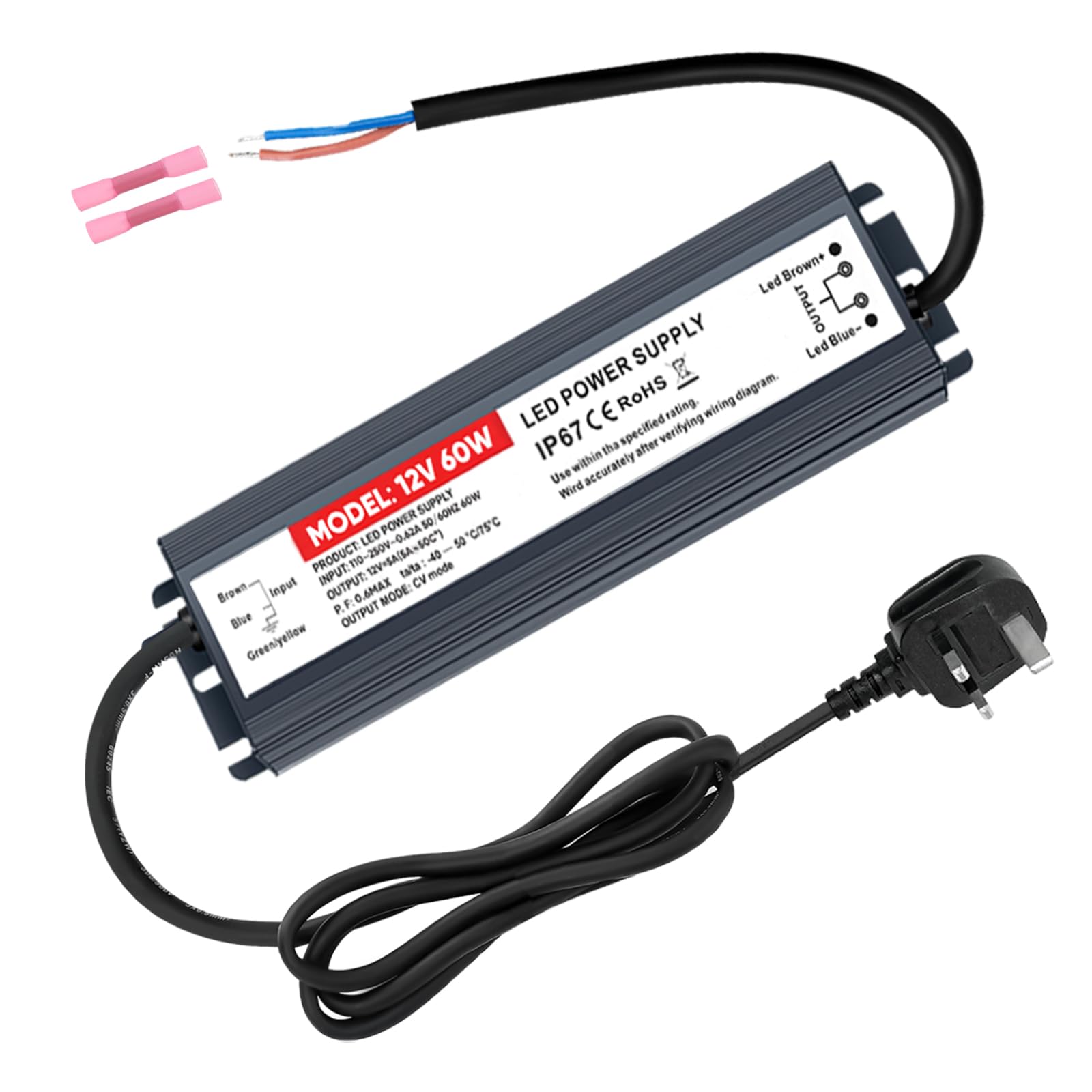 GPJYD 60W LED Driver 12V, IP67 Waterproof LED Power Supply AC 240V to DC 12V Transformer 5A, with UK Plug & Heat-shrink Connectors for Indoor and Outdoor LED Lights