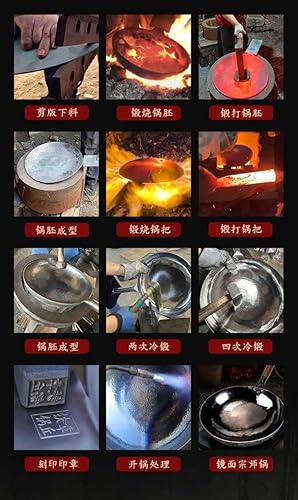 Miniatura 5 de SERENITA Woks chinos de hierro martillado 100% a mano, antiadherentes, sin revestimiento, menos aceite, mango de madera sazonado negro (cocina-14.2