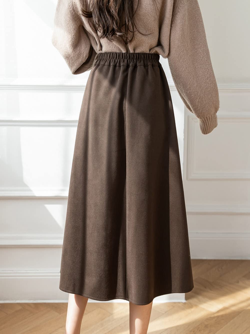 Gonne Lunghe Invernali, Decorazione Bottoni in Vita Gonne Invernali Spesse Marroni Gonna di Lana Elegante A-Line Vita Alta Gonne Vita Elasticizzata Midi Gonna Ampia A Balze A Pendolo