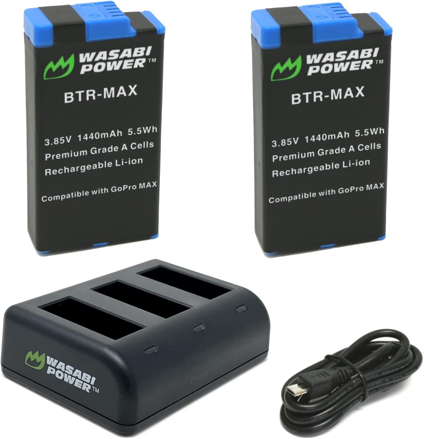 Wasabi Power Replacement for GoPro MAX Battery (2-Pack) and USB Triple Charger, High-Speed 3-Channel Charger Compatible with GoPro ACDBD-001, ACBAT-001 (Fully Compatible)