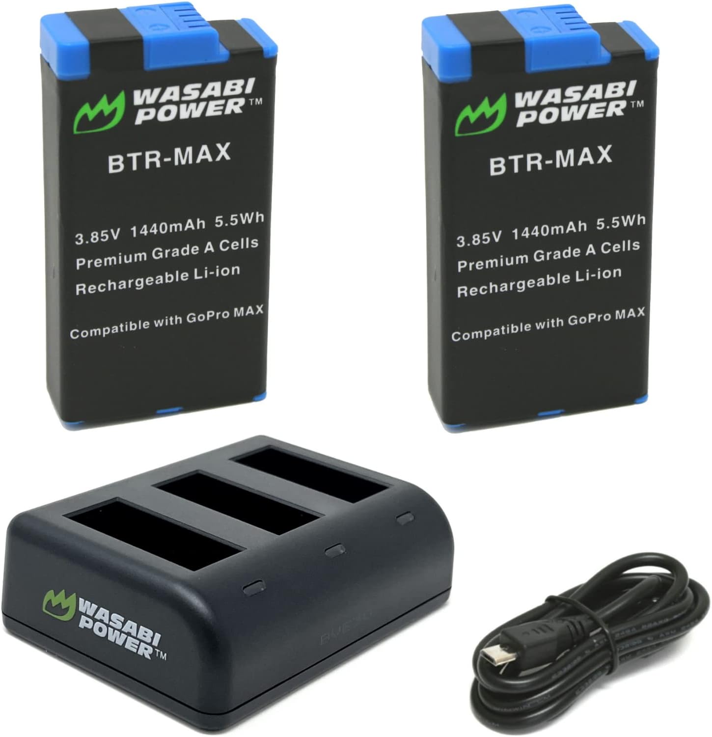 Wasabi Power Replacement for GoPro MAX Battery (2-Pack) and USB Charger Compatible with GoPro ACDBD-001, ACBAT-001 (Fully Compatible)