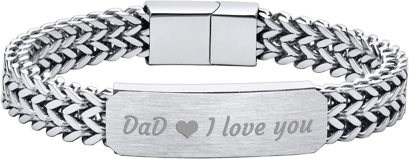 Daesar Mens Bangle Bracelets Stainless Steel Wheat Chain Dog Tag Engraved Dad I Love You Heart Charm Bangle Bracelets Silver ID Bracelet for Father Gift