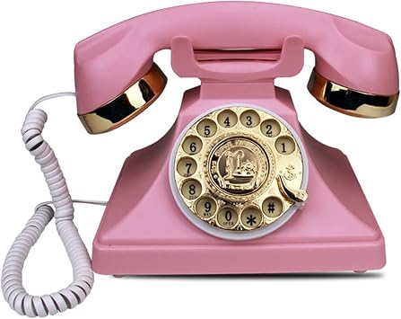 Vintage Telephone Retro Corded Landline Phone Old Fashioned Antique Rotary Dial Phones European Style Decorative Desk Phone for Home Office Decor,Pink