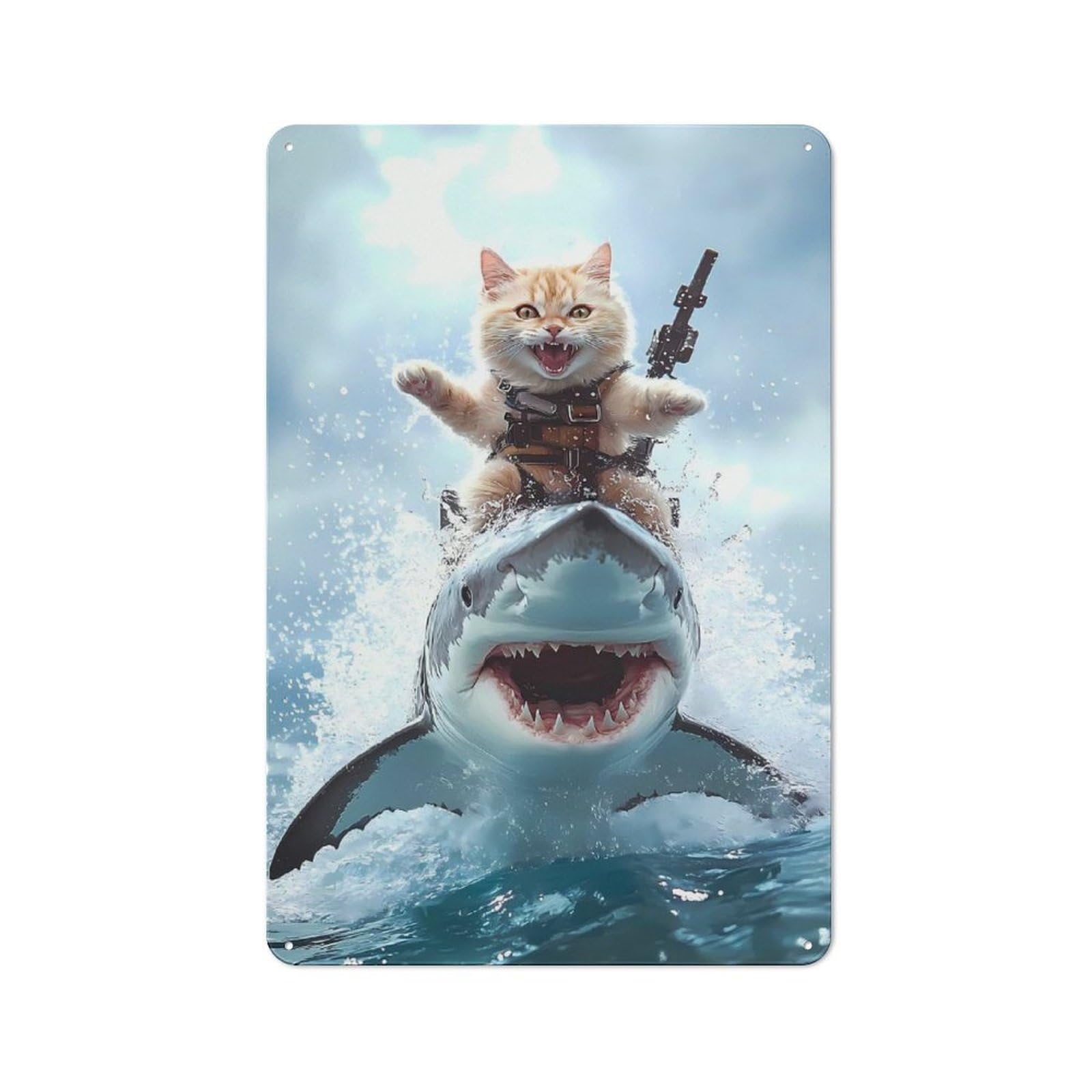 Junmoney Cat Riding Shark Kitchen Metal Sign With Design 30X20cm, Vintage Cafe Wall Decor For Restaurant, Kitchen, Counter Or Breakfast Nook