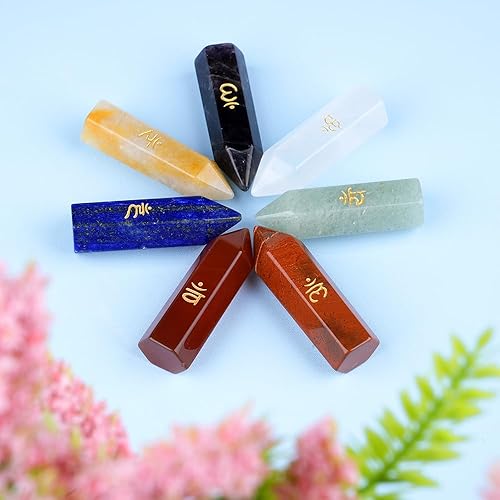 Miniatura 5 de 7 piedras de cristal de torre de chakras, piedras preciosas naturales de reiki curativas con símbolo de chakra grabado, kit de piedras de chakra