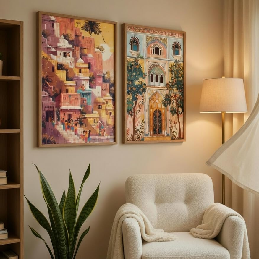 Image of Livin'luxe Indian Palace Architecture Wall Painting Set of 2 with Wooden Frames | Vintage Cityscape & Heritage Haveli Artwork HD Sparkle Laminated MDF Wall Decor for Living Room Bedroom Hallway