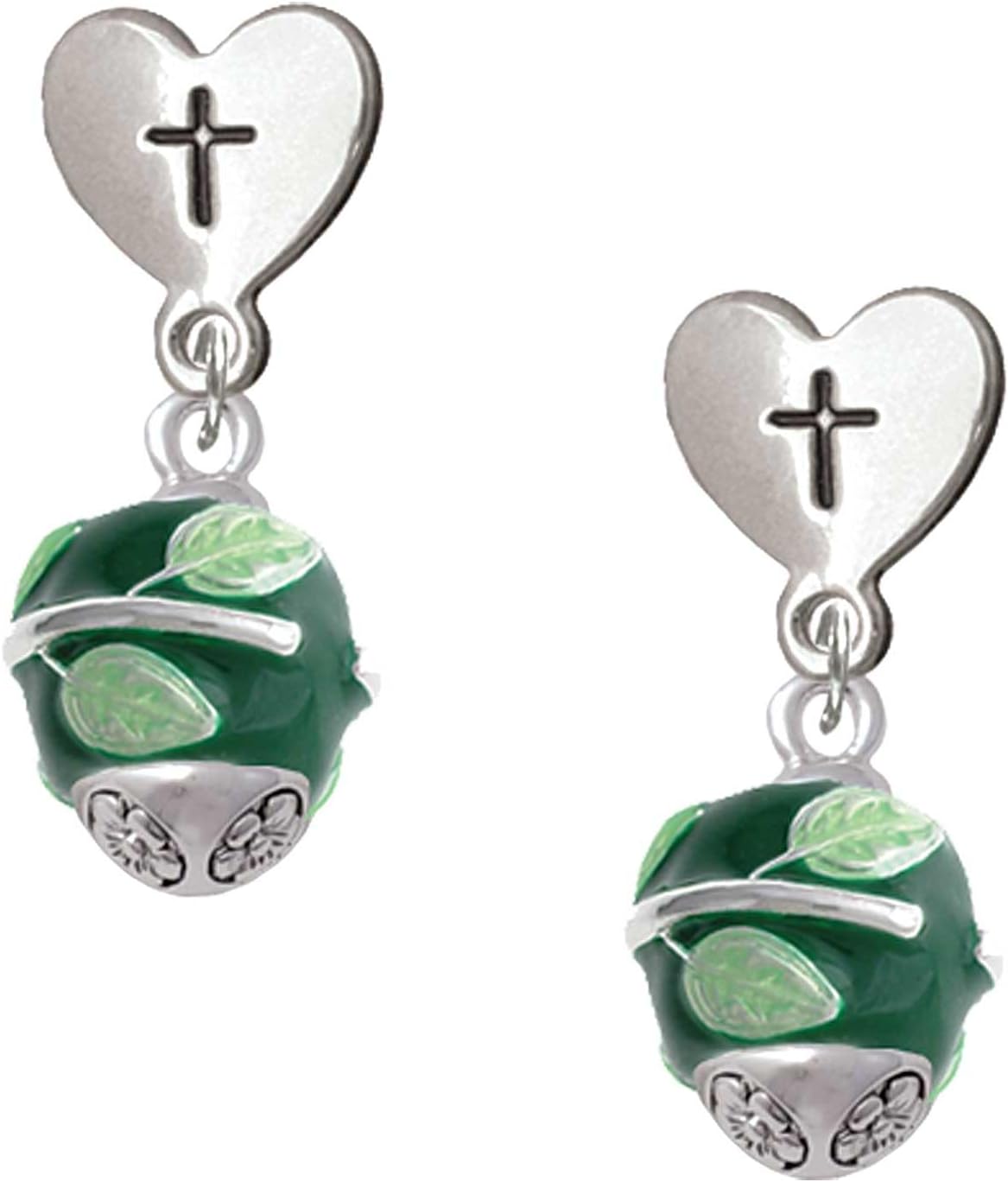 Delight Jewelry Silvertone Lime Leaves on Band Spinner Cross in Heart Post Dangle Earrings