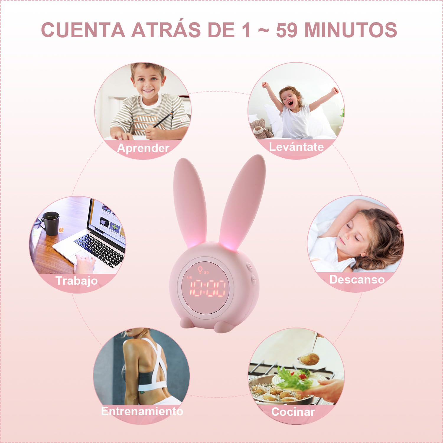 Reloj Despertador conejo Rabbit Clock, Conejito Lindo Dormitorio de Noche con lámpara de luz Nocturna + 6 música Interesante + Función de Cuenta Regresiva, Despertador infantil niña Estudiantes Rosa