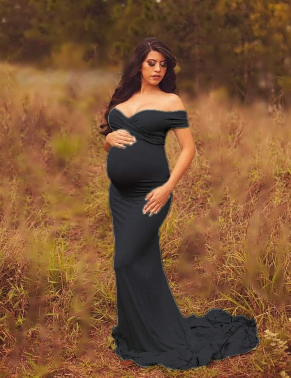 JustVH Maternity Elegant Fitted Maternity Gown Short Sleeve Cross-Front V Neck Slim Fit Maxi Photography Dress for Photoshoot