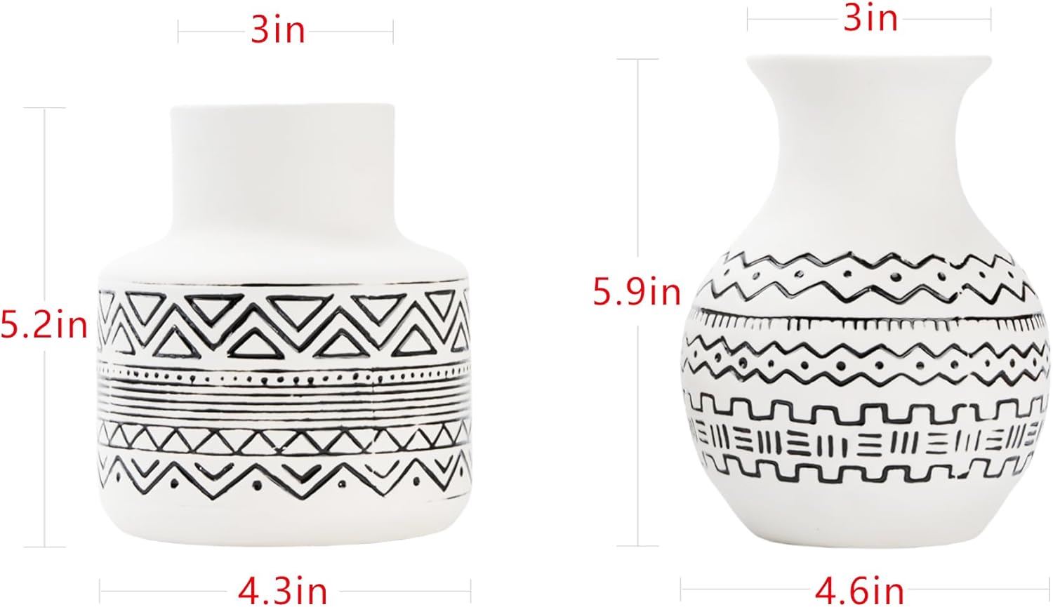 Handcrafted Ceramic Vase Set of 2 — Geometric Boho Farmhouse Flower Vase Centerpiece for Kitchen/Home Decor/Living Room, Ceramic Kitchen Utensil Holder for Countertop