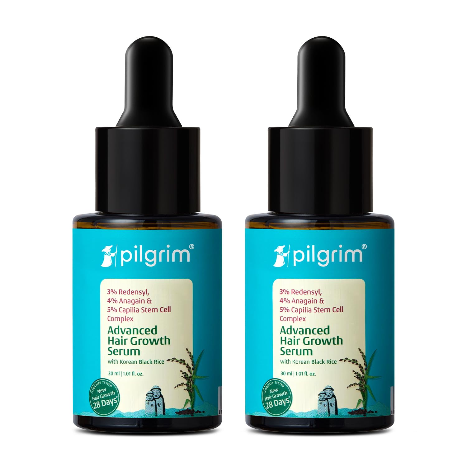 Pilgrim Redensyl 3% + Anagain 4% + Baicapil Advanced Hair Growth Serum for Scalp with Korean Black Rice, Saw Palmetto | Control Hair Fall, Hair Density | Women & Men | 60ml