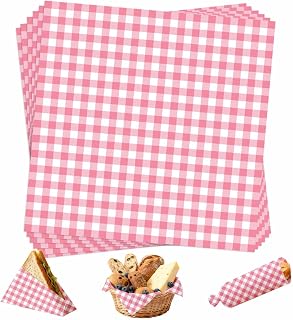 100 Pcs Gingham Waxed Deli Paper Sheets 10 x 10 Inch Plaid Deli Sandwich Wrapping Wax Paper Sheets for Food Cookies Picnic Party Checkered Greaseproof Food Basket Liners (Pink)