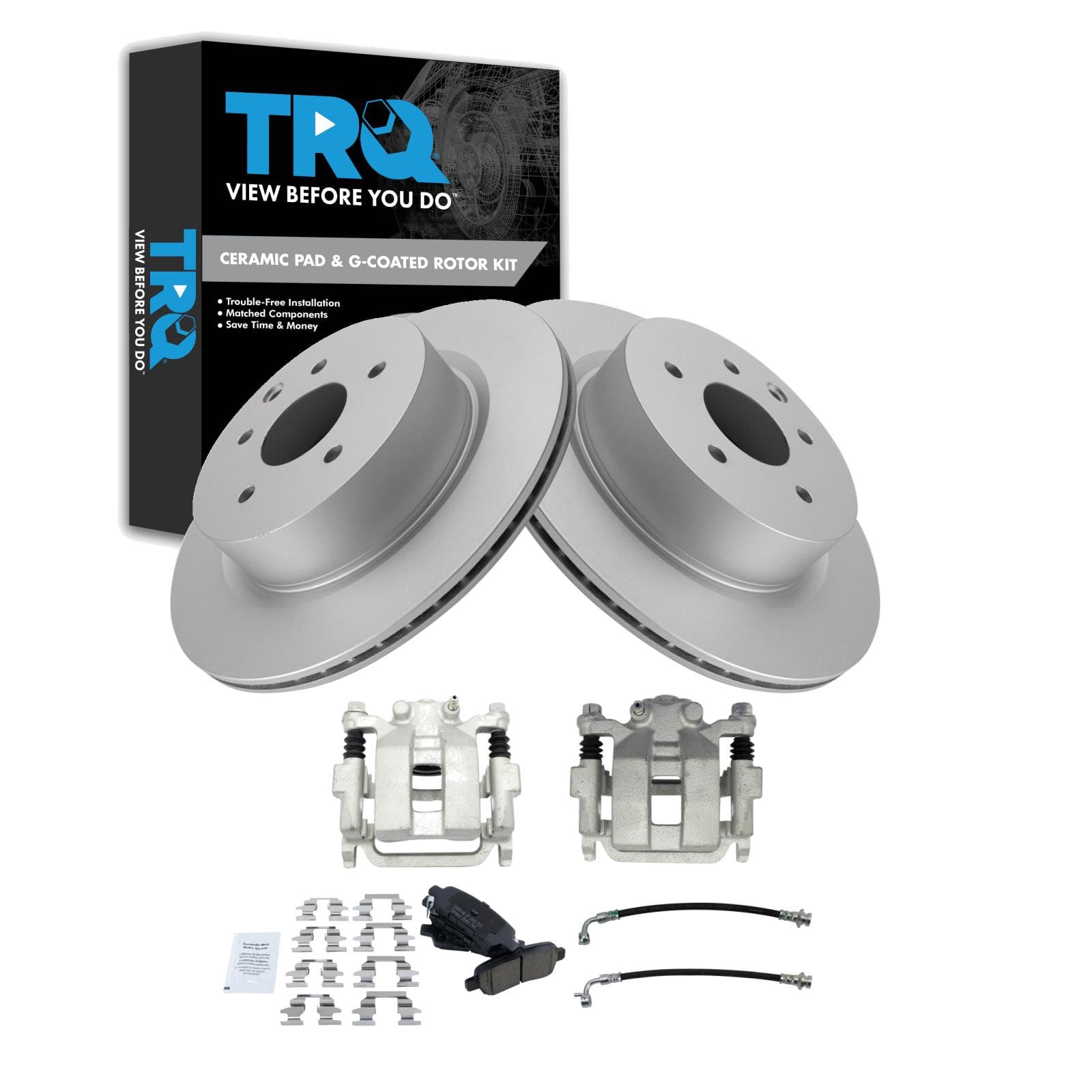 TRQ Rear Brake Pad and Rotor Set Ceramic G Coated Rotors Calipers Compatible with 2006-2009 Infiniti M35 M45